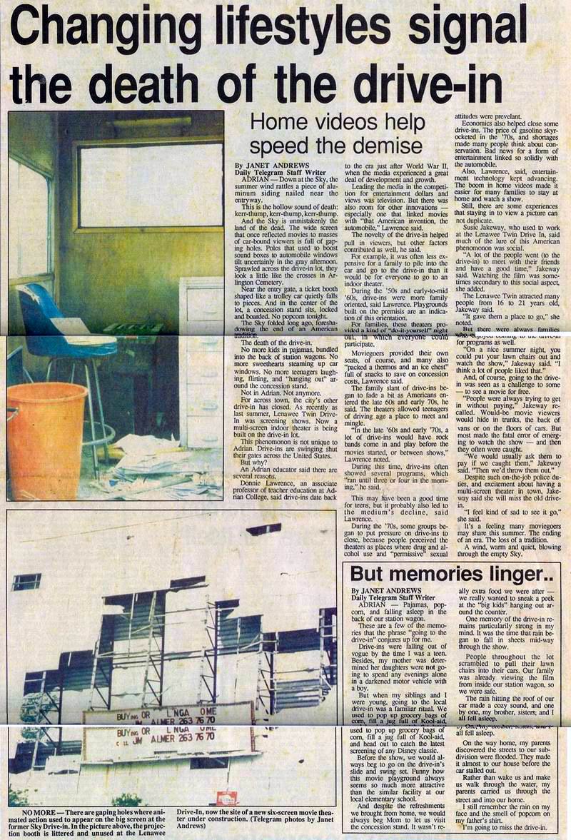 Lenawee Drive-In Theatre - 1990 Article From Dennis Gibbs